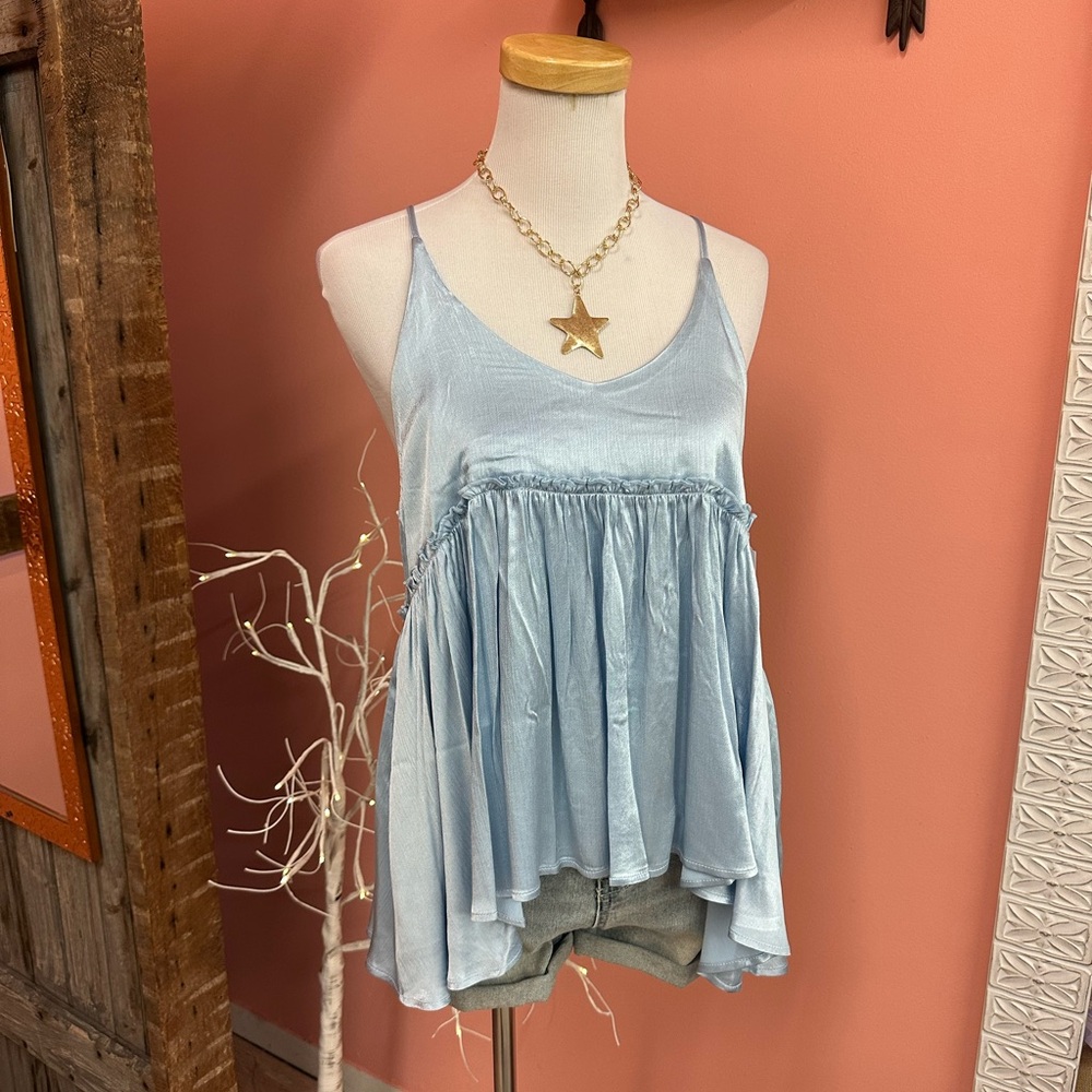 NEW! Peach Love California Satin Ruffle Tank Top